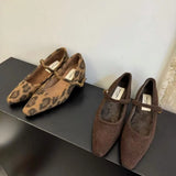 The Autumn And Winter Of 2025, A Word With A Female Plus Velvet Single Shoe Korean Version Of The Coarse And Small Square Head Velvet Female Shallow Shoes Leopard