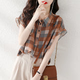 Chiffon Shirt Women's Summer Thin 2025 New Loose Belly T Jack Plaid Printing Ocean Chic