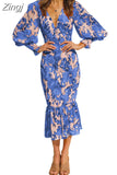 Elegant Women Spring Autumn Dress Floral Leaves Print V-neck Puff Long Sleeve Elastic Waist Slim Fit Ruffle Hem