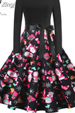 Women Christmas Dress Vintage Robe Swing Elegant Party Xmas Long Sleeve Casual Print Black New Year