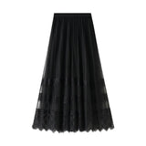 Skirt 2025 Spring Korean Version Of The New High-Waisted Lace Splicing Mesh Dress Female Hundred Folded Skirt A-Word Long Dress
