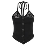 Is The Same Sexy; Lace Splicing Irregular Hanging Neck Vest + Short Skirt Tice Lace Perspective