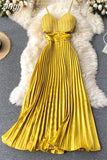 Sexy Spaghetti Strap Dress Women Elegant Hollow Out High Waist Pleated Vestidos Female Party Robe New