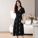 Summer New French Black V To Receive Long A-Dress Flower Showing Thin Short-Sleeved Dress