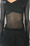 Fashion Mesh Fake Two-piece Bodysuits For Women 2023 Black See Through Long Sleeve Romper Club Party Wear