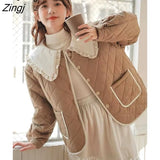 Kawaii Peter Pan Collar Short Jackets Women Vintage Sweet Preppy Style Patchwork Winter Parkas Female Warm Padded