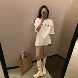 Zingj Sleeve T-Shirt Women's Ins Tide Loose Korean Version Medium Long Short Sleeve Letter Embroidered Jacket Women's Summer 2024