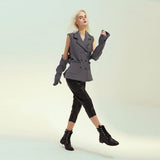 New Personality Tuxedo Side Side Shoulder Buckle Suit Broken Sleeve Ash Spliced Long-Sleeved Coat