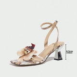 Tip-Slaught Fine High Heel Sandals Lady Three-Dimensional Flower Decoration After Belt Plating Women's