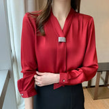 Women Shirts Satin Blouses for Women Fashion Long Sleeve Shirts Tops Woman Ribbon Blouse Tops Woman Bow Tie Shirt