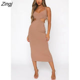 Summer Female Solid Color V-Neck Dress Sleeveless Hollow Out Package Hip Long Dress for Summer