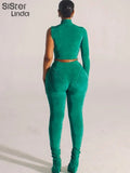 Casual Street 2 Piece Set Women Long Sleeve One Shoulder Skinny Tops+Body-Shaping Foot Pants Female Matching