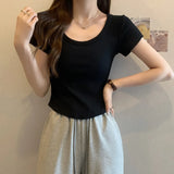 Zingj U Collar Short-Sleeved T-Shirt Women 2023 Summer New Korean Version Slim High Waist Short Style Students Pure Color Jacket