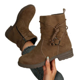 Large-Size Square With Velvet Tuff-Faced Short-Cuffed Boots Women's New Side Zipper Round Head Locomotive Boots