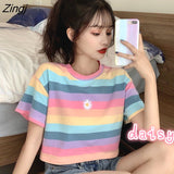 Sleeve T-shirts Women 2020 Crop Top Striped Rainbow Girlish Colorful Fashion Chic All-match Casual Womens Kawaii