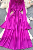 Vintage Purple/Green/Orange Long Dress Women Elegant Stand Collar Flare Sleeve High Waist A-Line Slim Tie Flower