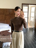 Xixi 2025 Autumn New White Standard Long-Sleeved High-Neck Knitted Top Sweater Female