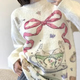 Aesthetic Rabbit Print Oversized Sweater-Outfit