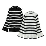 Black-And-White Striped High-Necked Pullover In