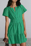Women's V-Neck A-Shaped Hollow Lace Folded Short-Sleeved Mini