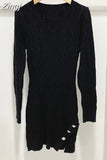 Button Dress for Women Korean Fashion Casual Slim V-Neck Solid Long Sleeve Knitting Mini Dresses Autumn Winter