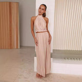 Zingj Years Of Fashion New Hot Girls New Neck Hanging Back Sexy Lace-Up Suit Pleated Dress