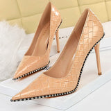 Shoes White Women Pumps Patent Leather Shoes High Heels Stiletto Luxury Party Shoes Metal Chain Rivets Heels Pumps