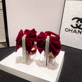 Red Bridal Wedding Shoes Fine Heel High Heels Women Beautiful Bows Water Drill Dress Single