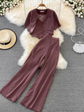 Women Three Pieces Set Elegant V-Neck Short Blouse + Strap Camis + Wide Leg Pants Suit Green/Red/Yellow Spring Fall