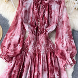 Women Blue/Red/Black Printed Party Dress Bohemian Puff Long Sleeve High Waist Ruffle Collar Midi Robe Female Vestidos