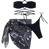 2025 New Swimsuit Lady Gathers Rope Sexy Print Skirt Three-Piece Mesh