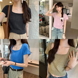 Version Of Knitted Short-Sleeved T-Shirt Women's New Summer Slim Thin Solid Color Full-Length Short-Style Blouse