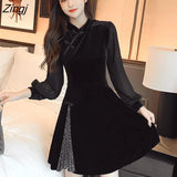 Style Dresses Women Black Sequined Velvet Mesh Vintage Mandarin Collar Club Party Vestido Feminino Oriental Elegant
