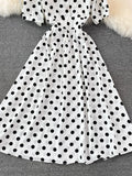 Women Polka Dot Midi Dress Vintage V-Neck Single Breasted Short Sleeve A-Line Vestidos Female Elegant New Fashion