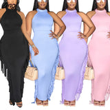 Women 2023 Summer Tassel Side Maxi Skirts Suit Sleeveless Tops Beach Matching Two 2 Piece Set