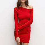 Zingj Women's Fall 2024 New Solid Color Long Sleeve One Shoulder Diagonal Collar Sexy Hip Dress