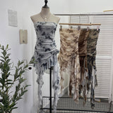 Shot Tie Net Yarn Printing Irregular Ribbon Three-Dimensional Flowers Small Man With Chest Short Skirt Dress Dress