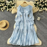 Retro Design Collar Lotus Side Splicing Single Buckle Horn Lace Lace Waist Dress