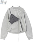Long Sleeve Hoodless Hoodies Women 2023 Autumn Patchwork Fake Two-Piece Sling Design Oversize Sweatshirt Pullover