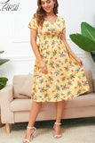 Floral Print Summer Dress Women V Neck Chiffon A Line Casual Beach Dress Vintage Elastic Waist Midi