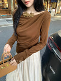 Xixi 2025 Autumn New White Tidaught Flower Oblique Shoulder Knit Shirt Long-Sleeved Top Sweater Women