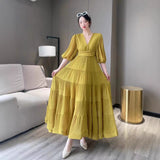 Seaside New Super Layer V-Neck Waist Temperament Famous 100 Fold Dress Short-Sleeved A-Word Dress
