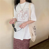 Zingj New 2024 Summer Ins Retro Loose Versatile Line Print Short-Sleeved T-Shirt For Women With A Round Collar Bottom Shirt