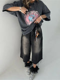 Street Trend Fashion To Do Old Washing Printing T-Shirt With Seven-Sleeve Top Loose Oversize