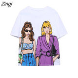 Summer Women Fashion Double Girls Print Knitting Casual T Shirt Female Basic O Neck Short Sleeve Chic White Tops