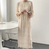 Chic Gentle And Elegant Round Collar Fold Texture Design Loose Leisure Lantern Sleeve Chiffon Dress