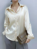 Fashion Button Up Satin Silk Shirt Vintage Blouse Casual Loose Button Up Down Shirts Tops Lady Long Sleeve Female