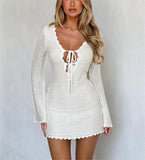 Women's New Knitted Tying Dress With Long Sleeves And Hip Mini