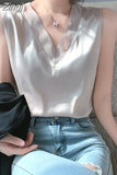 Tops for Women Satin Mesh Female Tank Top Sexy V-neck Woman Vest White Basic 2023 Ladies Tops Sleeveless Women