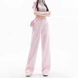Zingj Pink Fur Edge High Waist Wide Leg Jeans Female Summer New Design Sense Loose Hanging Sense Straight Tube Mop The Floor